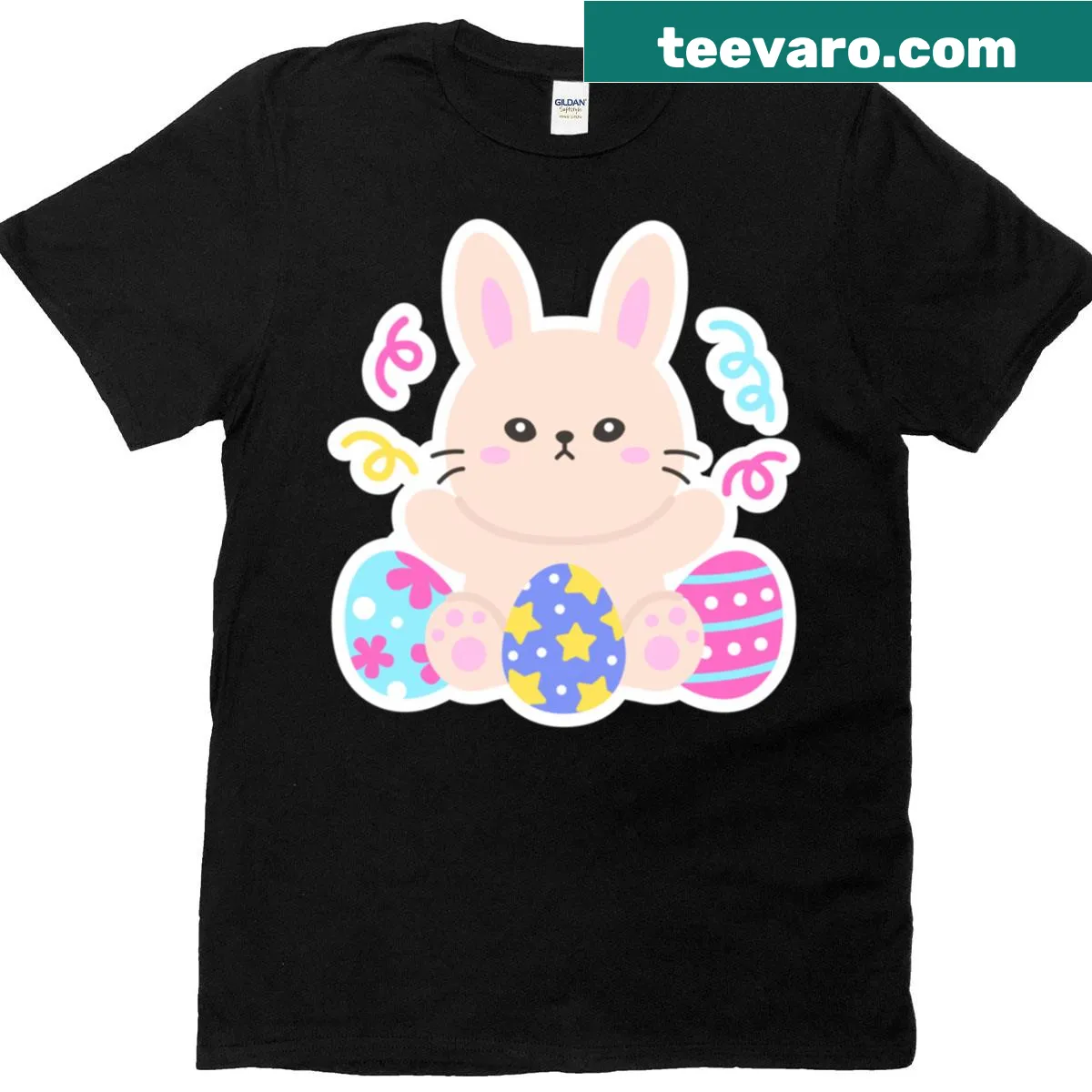 Easter t-shirt featuring bunny, colorful eggs, and streamers — on a men's t-shirt