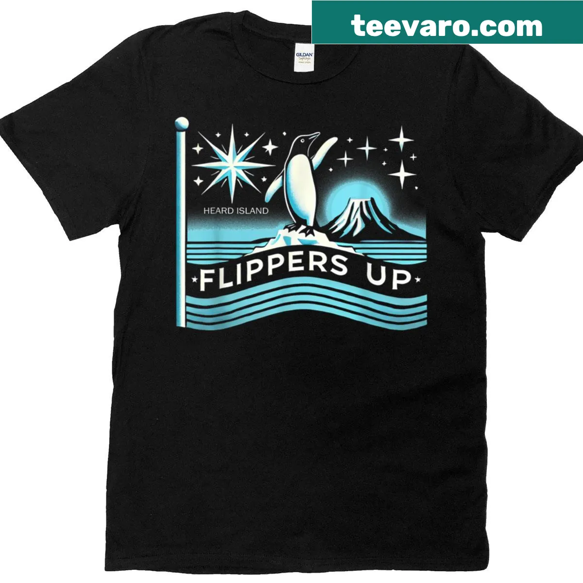 Playful flippers up design inspired by Heard Island — on a men's t-shirt
