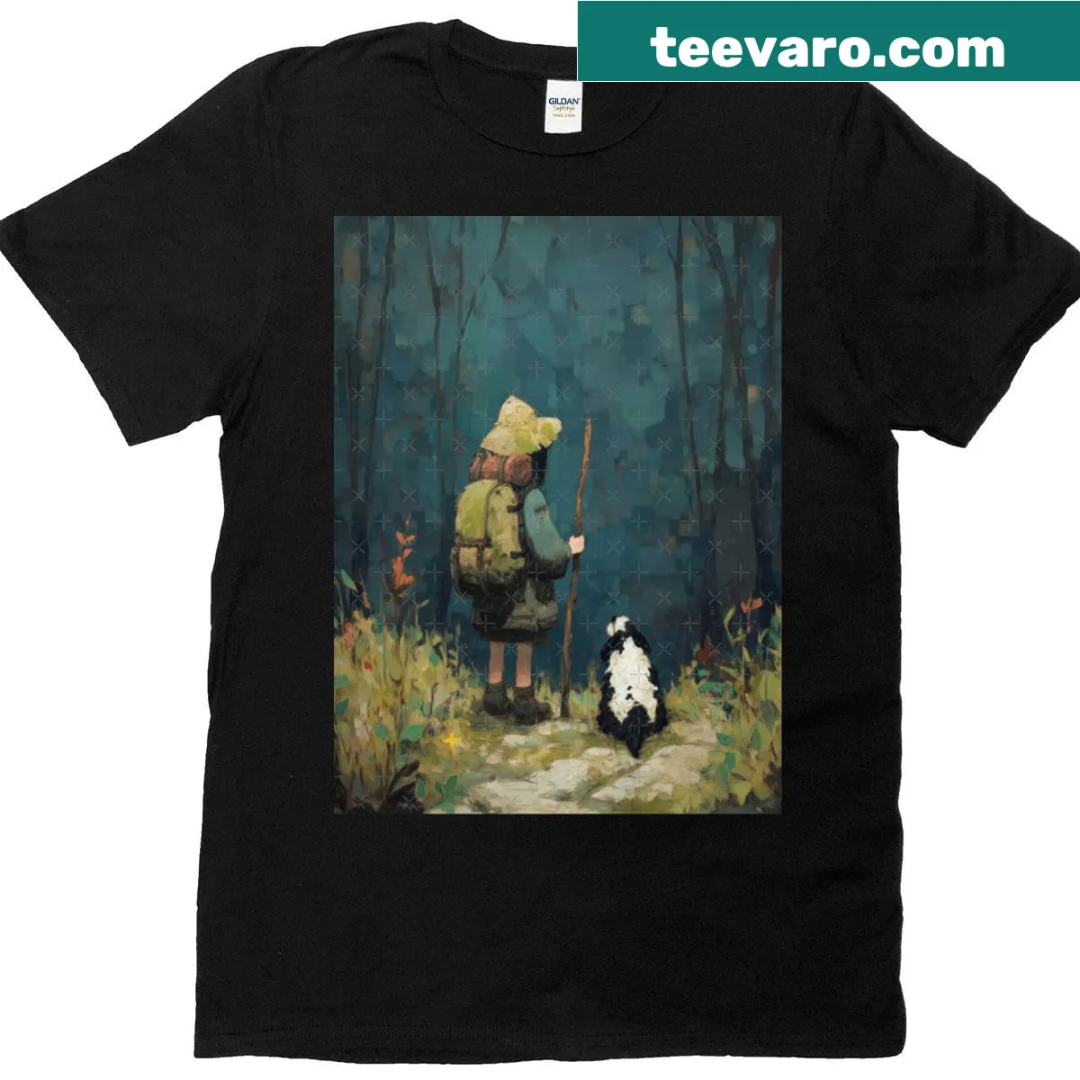 Graphic of a hiker with a hound on a nature-themed t-shirt — on a men's t-shirt