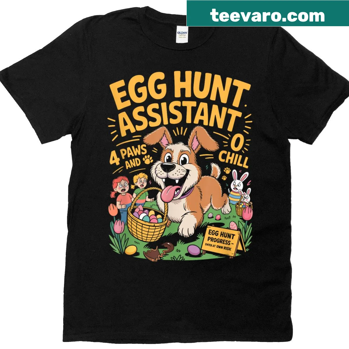 Funny Easter t-shirt featuring a dog and the text 'I'm Just Here For The Eggs.' — on a men's t-shirt