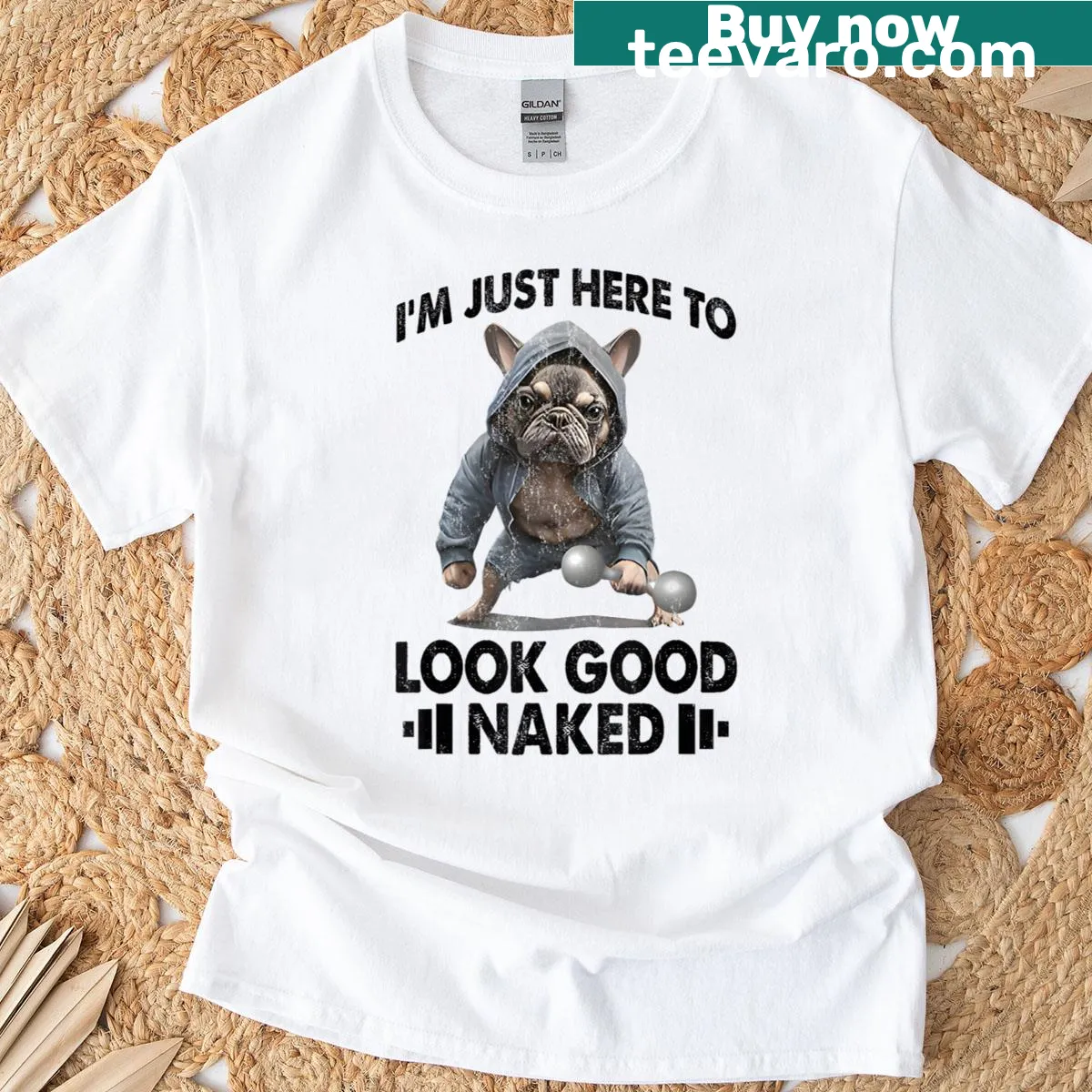 Playful fitness t-shirt with dog graphic and humorous text — on a men's t-shirt