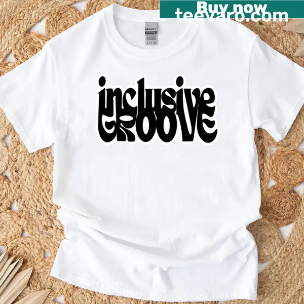Graphic t-shirt representing the Inclusive Groove podcast with community symbols
