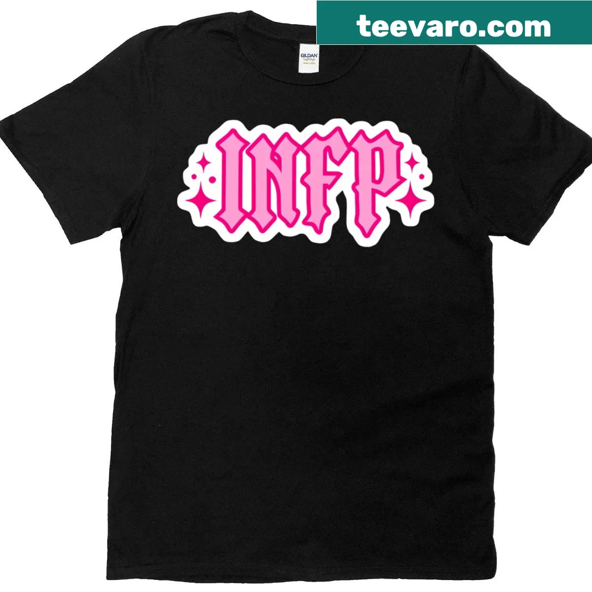 INFP personality type t-shirt with a sticker-like design representing the traits of the type. — on a men's t-shirt