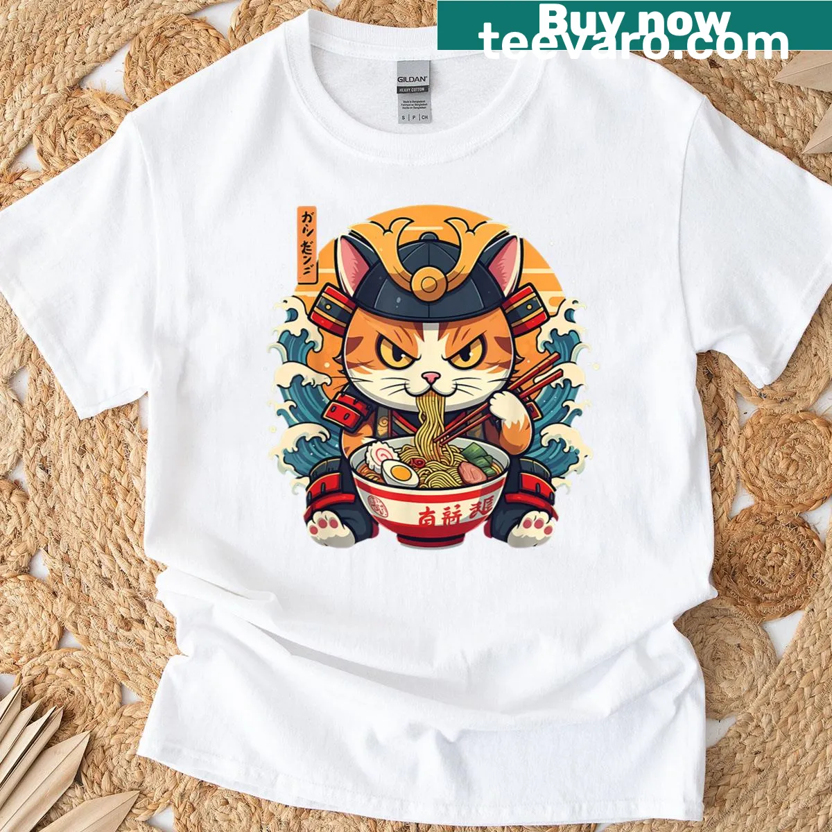 Cute t-shirt with kawaii samurai cat and ramen design — on a men's t-shirt