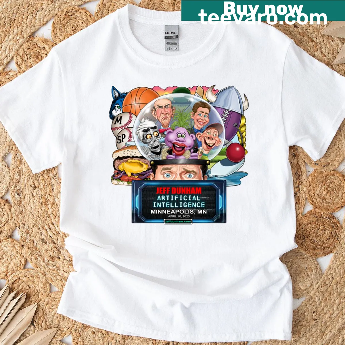 T-shirt commemorating Jeff Dunham's 2025 performance in Minneapolis — on a men's t-shirt