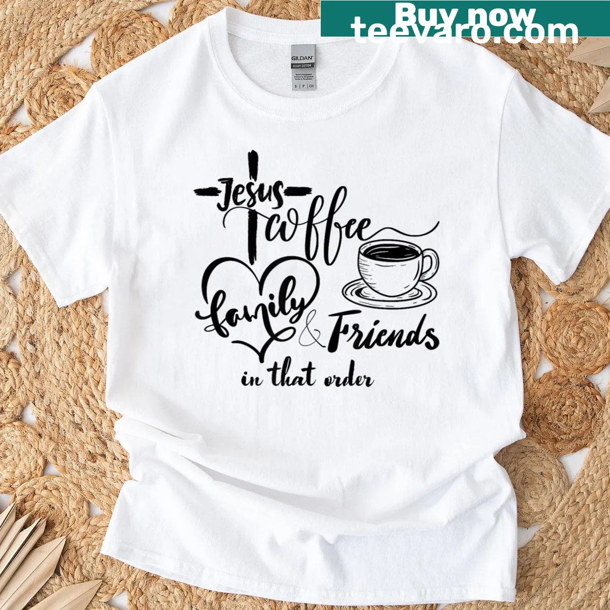 T-shirt displaying the phrase about Jesus, coffee, family, and friends — on a men's t-shirt