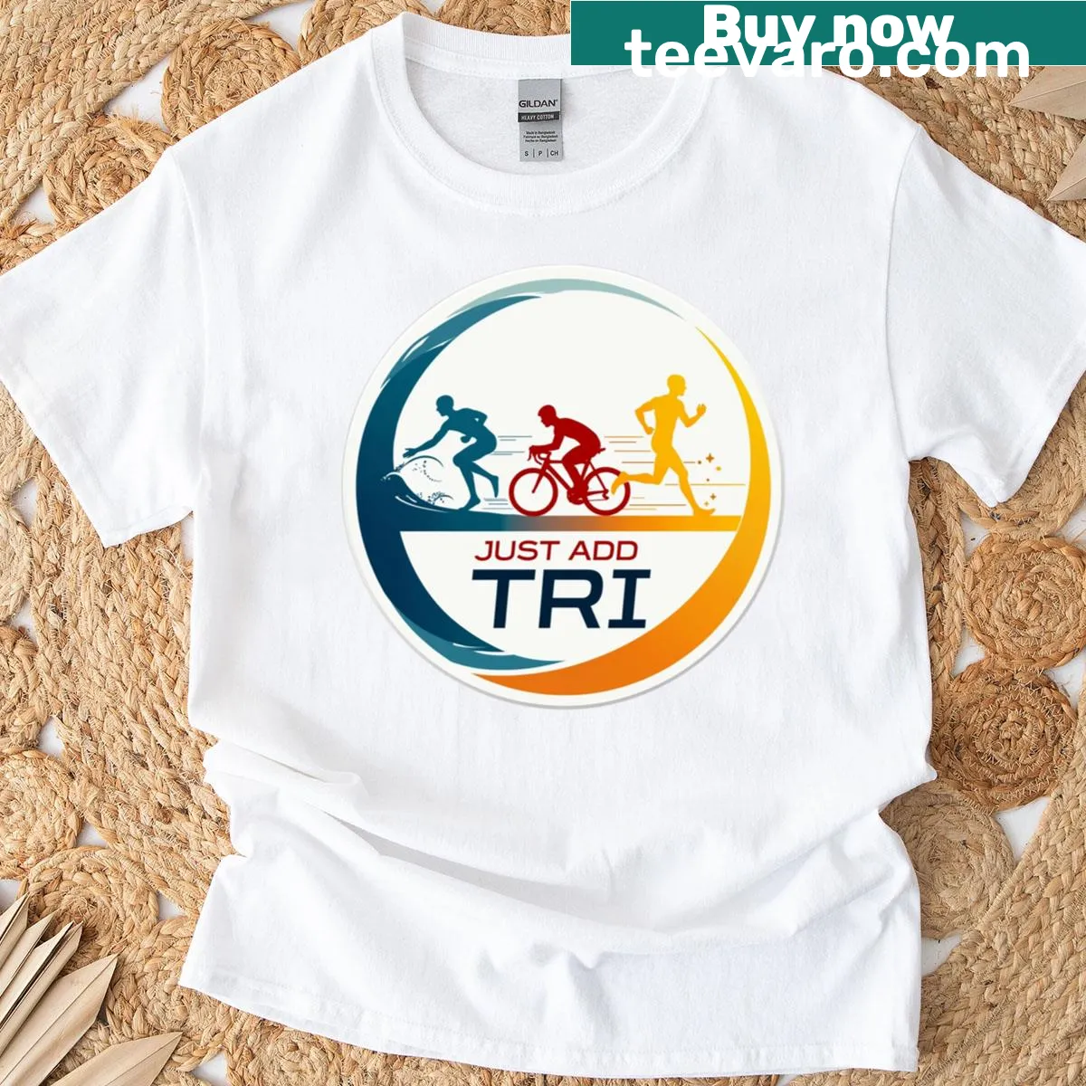 Minimalist triathlon motivational tee with the phrase Just Add Tri — on a men's t-shirt
