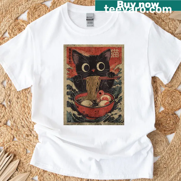 Kawaii graphic tee with a cat eating ramen in anime style
