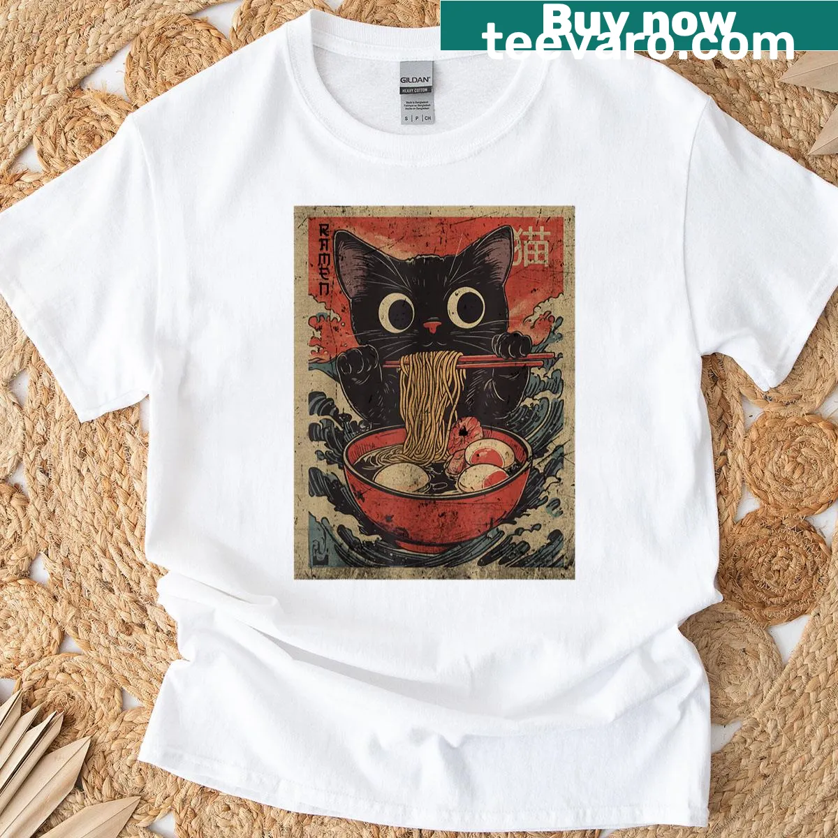 Kawaii graphic tee with a cat eating ramen in anime style — on a men's t-shirt