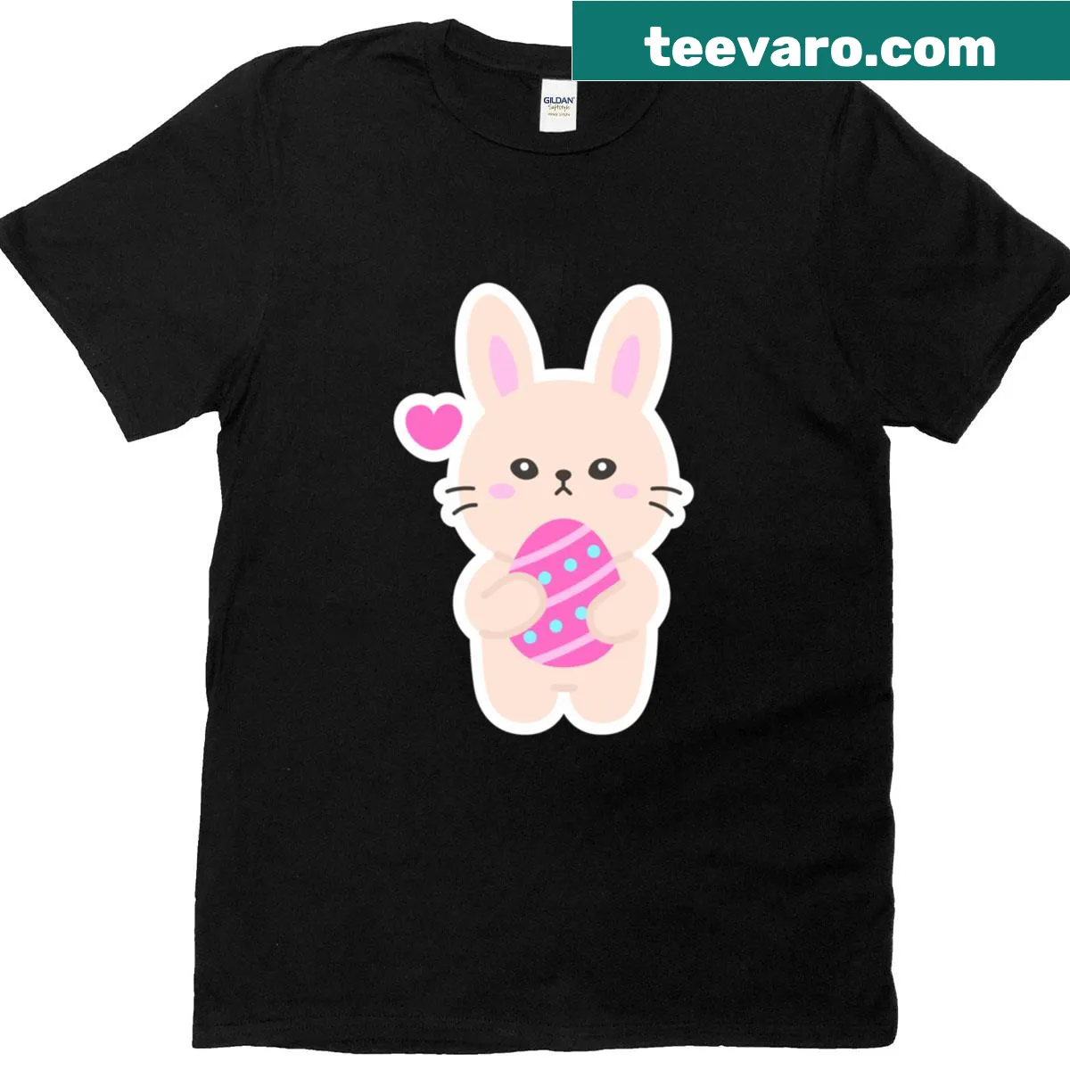 Kawaii bunny hugging a pink Easter egg graphic T-shirt — on a men's t-shirt