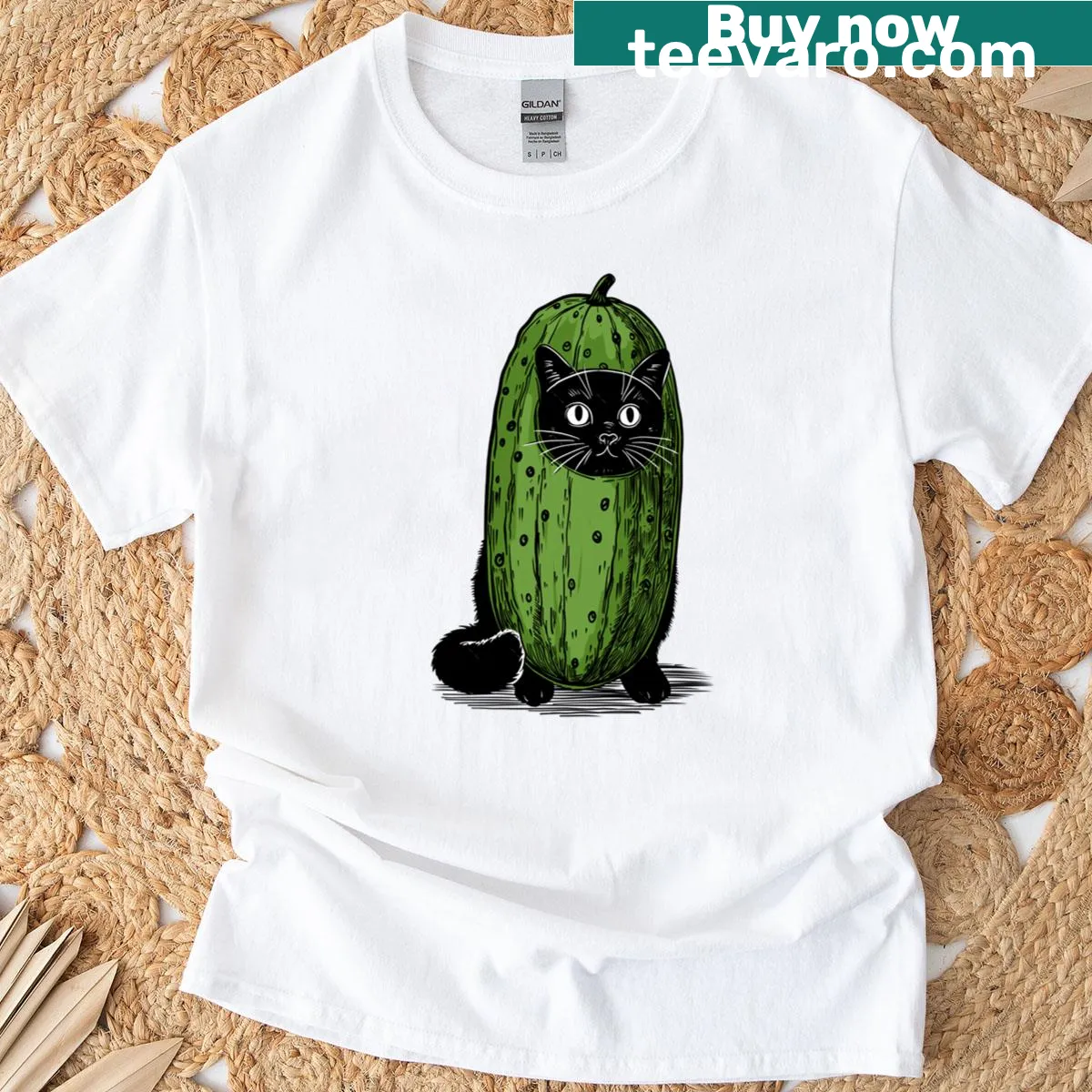 Playful T-shirt featuring a cat in a pickle costume — on a men's t-shirt