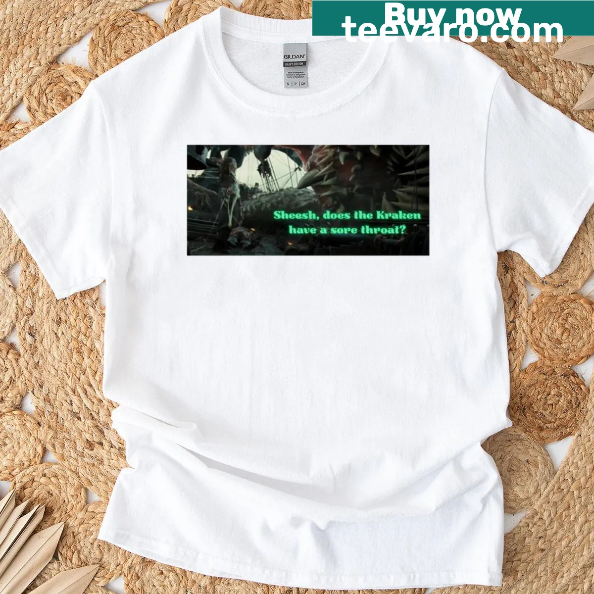 Quirky t-shirt featuring the phrase Krakens Sore Throat — on a men's t-shirt