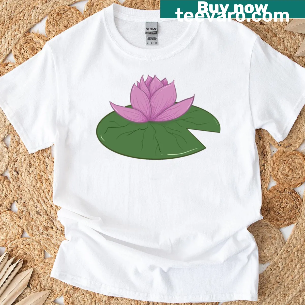 Realistic depiction of lily pads on water for a nature-themed t-shirt — on a men's t-shirt