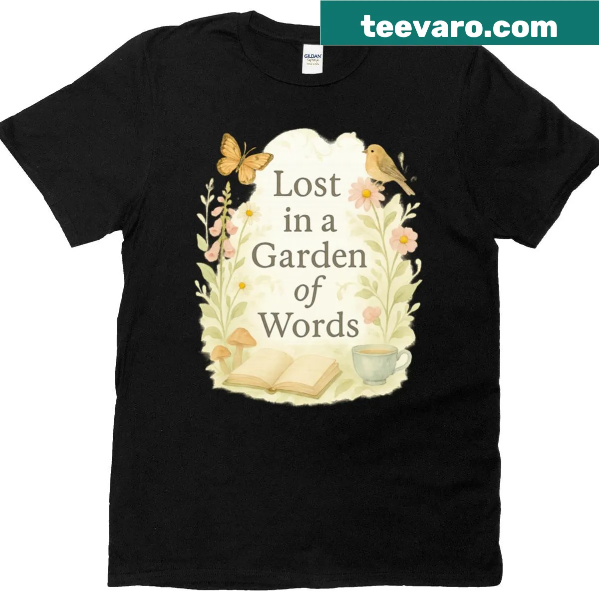 Artistic typography design saying 'Lost In A Garden Of Words' — on a men's t-shirt