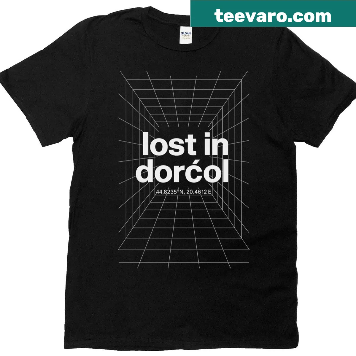 Futuristic T-shirt with cyber grid patterns and neon design. — on a men's t-shirt