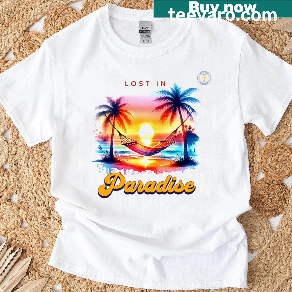 Illustrated tropical vacation design on a travel-themed t-shirt — on a men's t-shirt
