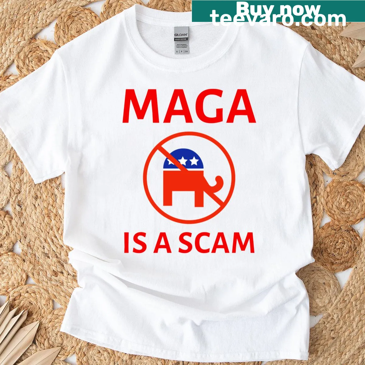 Edgy t-shirt with 'Maga Is A Scam' bold typography — on a men's t-shirt