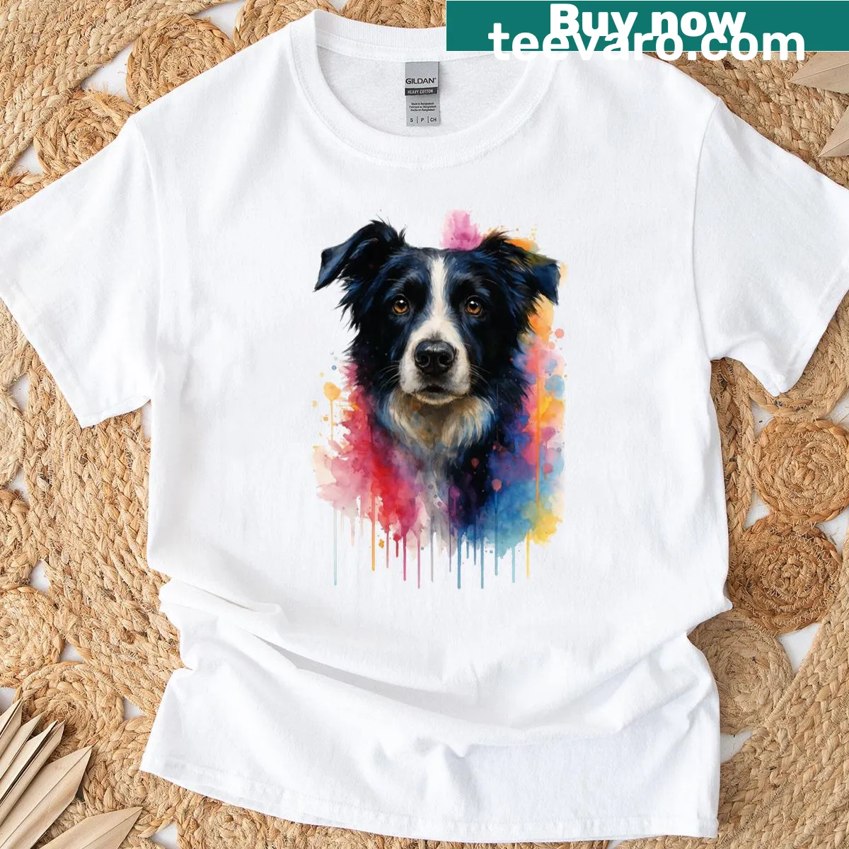Illustrated Border Collie t-shirt with watercolor dog art — on a men's t-shirt