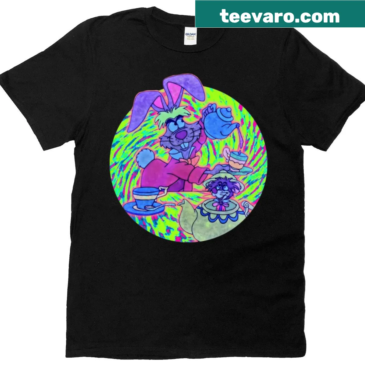 Cartoon graphic of a March Hare on the T-shirt — on a men's t-shirt