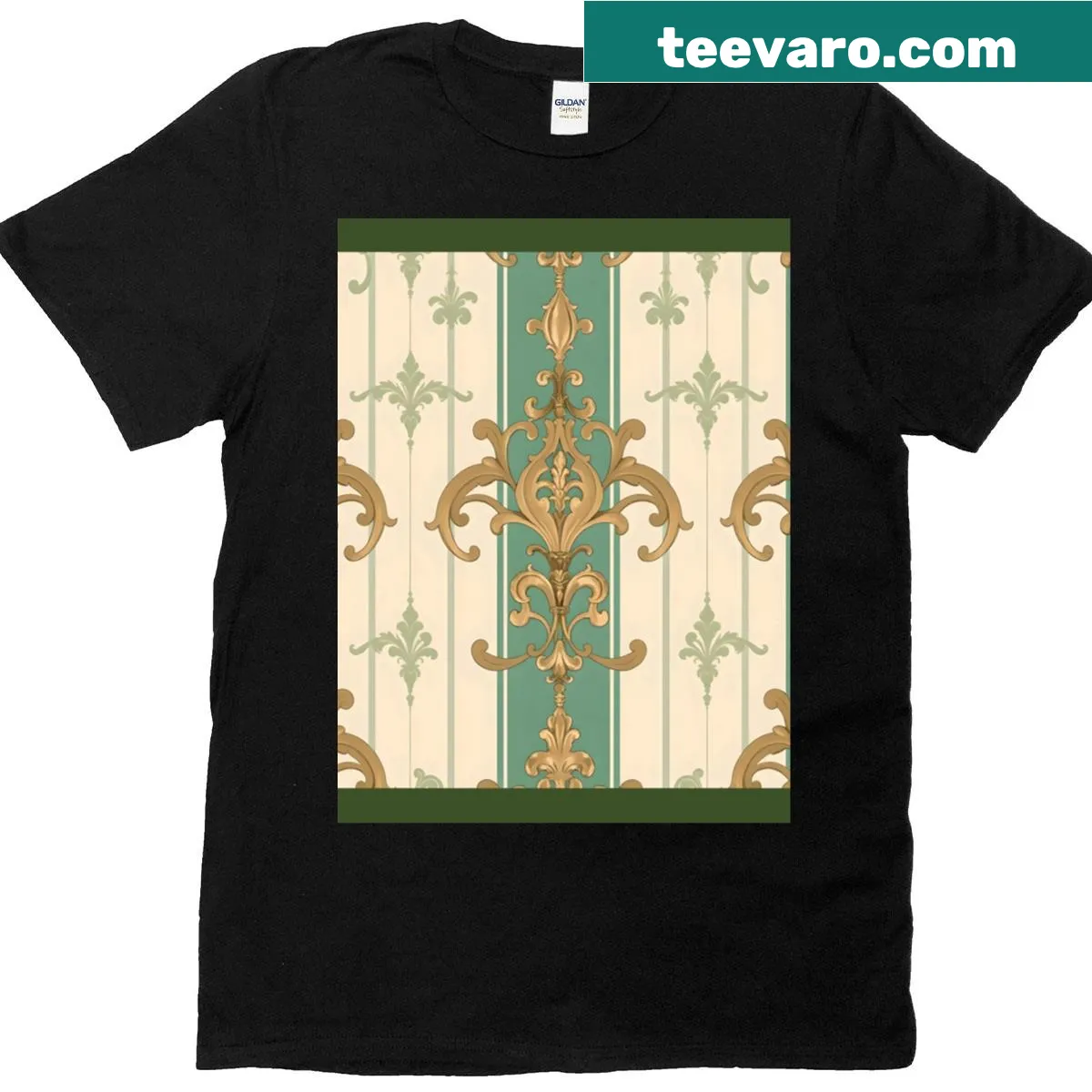 Matte green and beige striped t-shirt with a gold damask print. — on a men's t-shirt