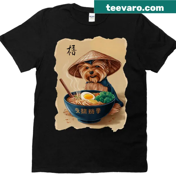 Kawaii Yorkshire Terrier eating ramen graphic on T-shirt.
