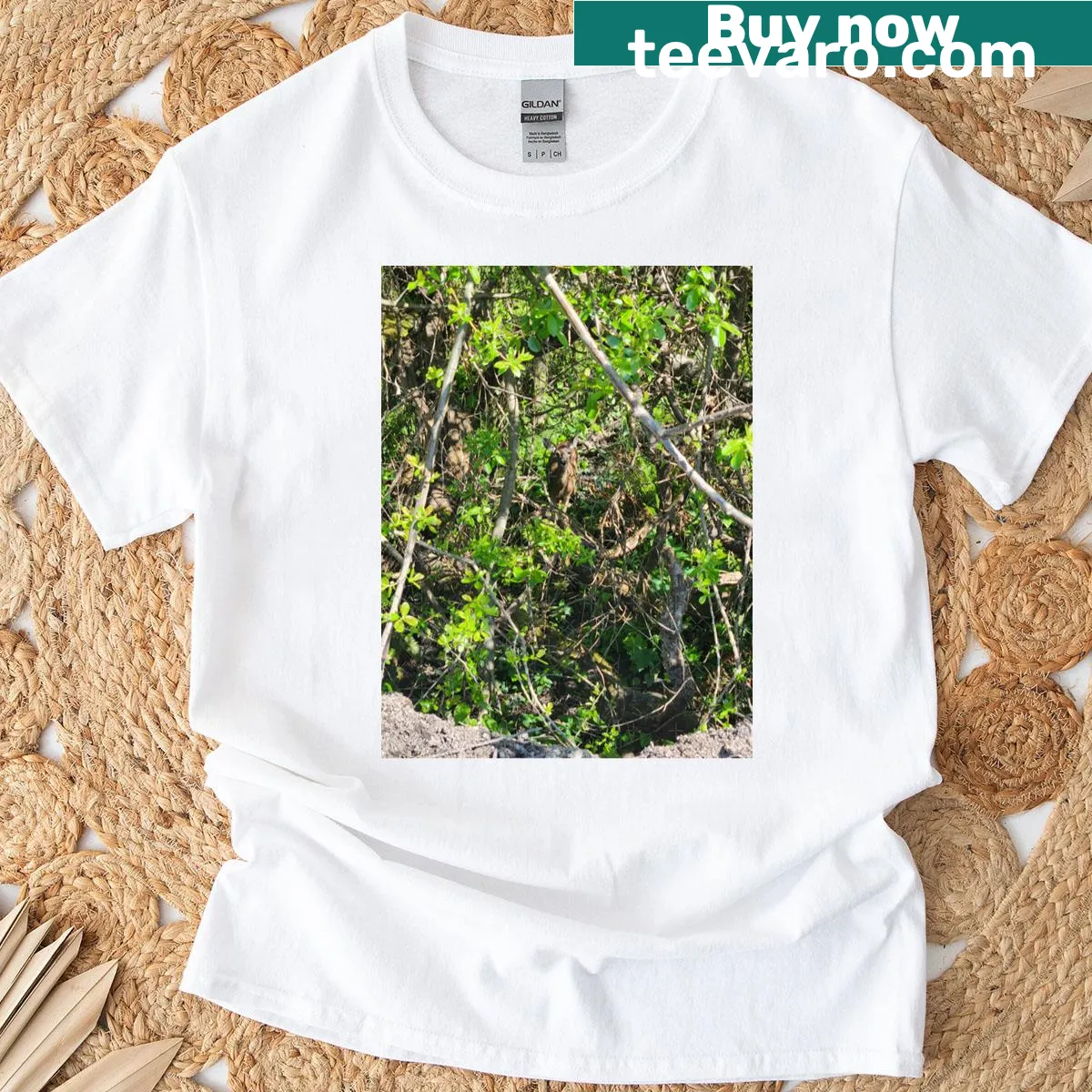 Illustration of a momma deer peeking through trees on a t-shirt — on a men's t-shirt