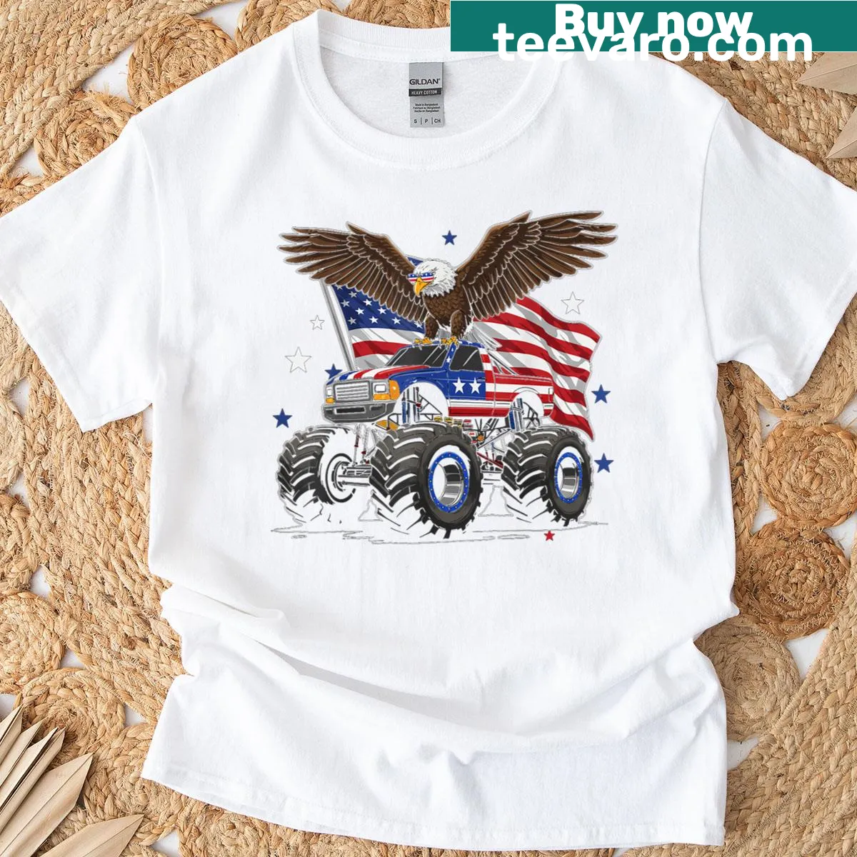 Patriotic T-shirt with monster truck, bald eagle, and American flag design for kids. — on a men's t-shirt