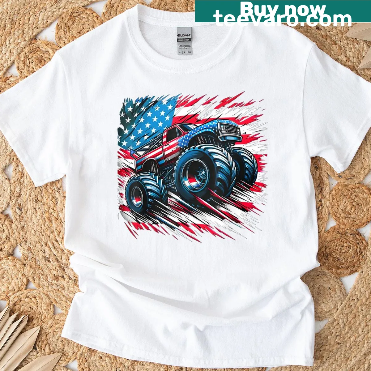 T-shirt featuring a monster truck and US flag for Independence Day celebrations. — on a men's t-shirt