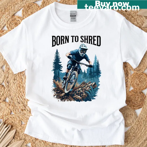 Mountain biking action scene T-shirt with forest illustration