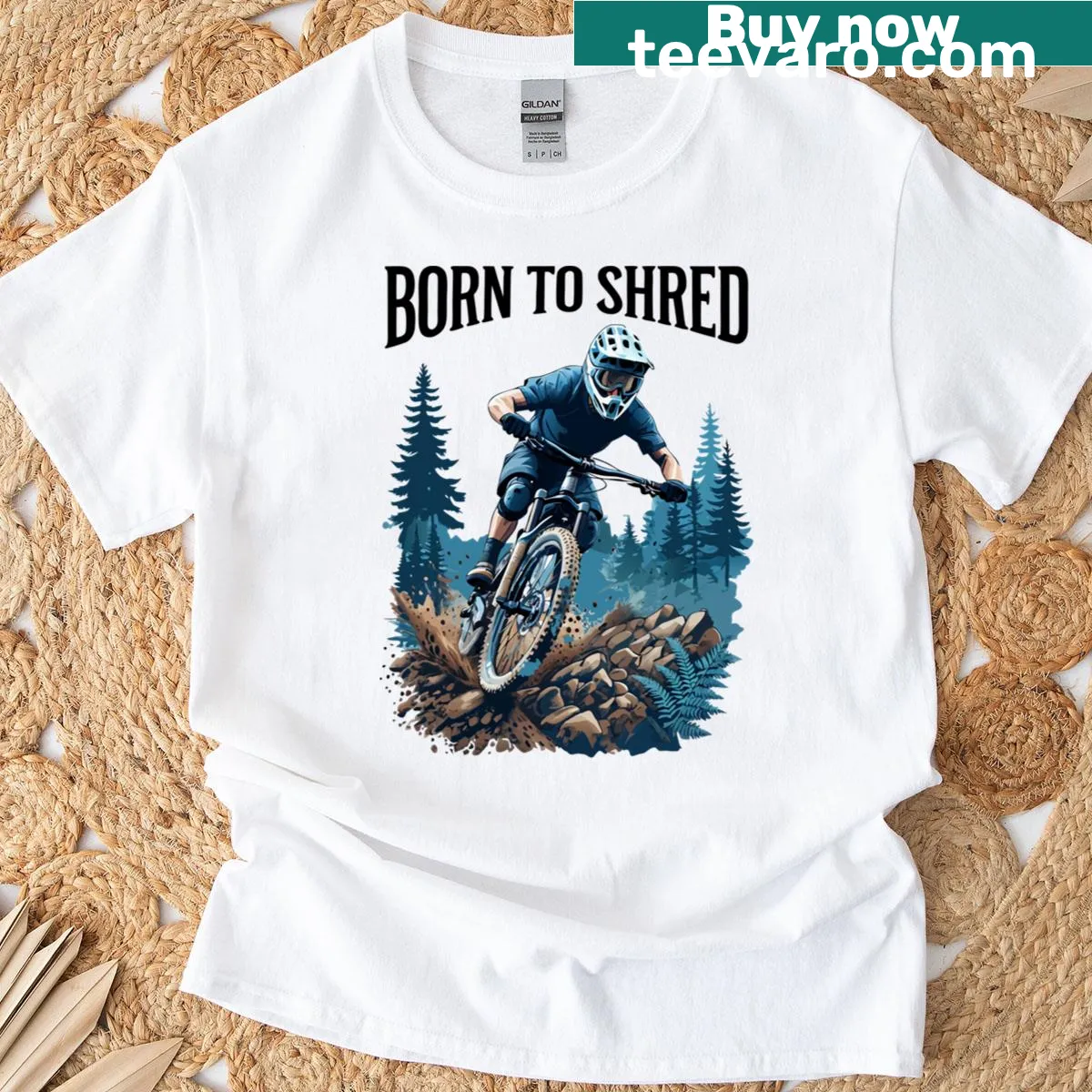 Mountain biking action scene T-shirt with forest illustration — on a men's t-shirt