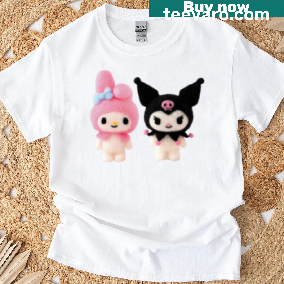 Long T-shirt featuring My Melody and Kuromi in a cute cartoon design. — on a men's t-shirt
