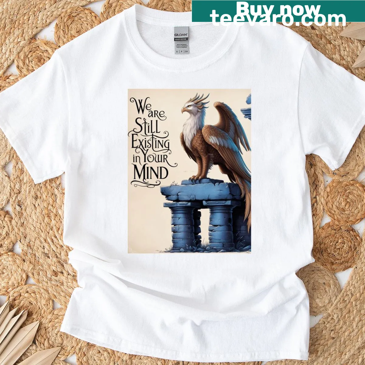 Illustrated T-shirt featuring various mythical creatures in a whimsical design. — on a men's t-shirt
