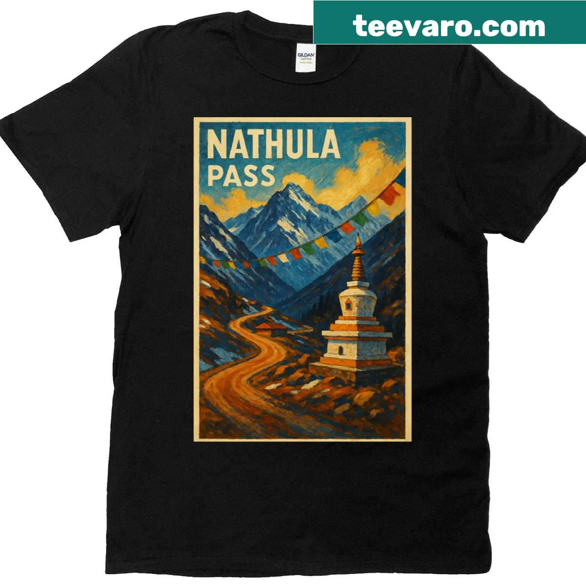 T-shirt with Nathula Pass, Himalayan peaks, and chorten design — on a men's t-shirt
