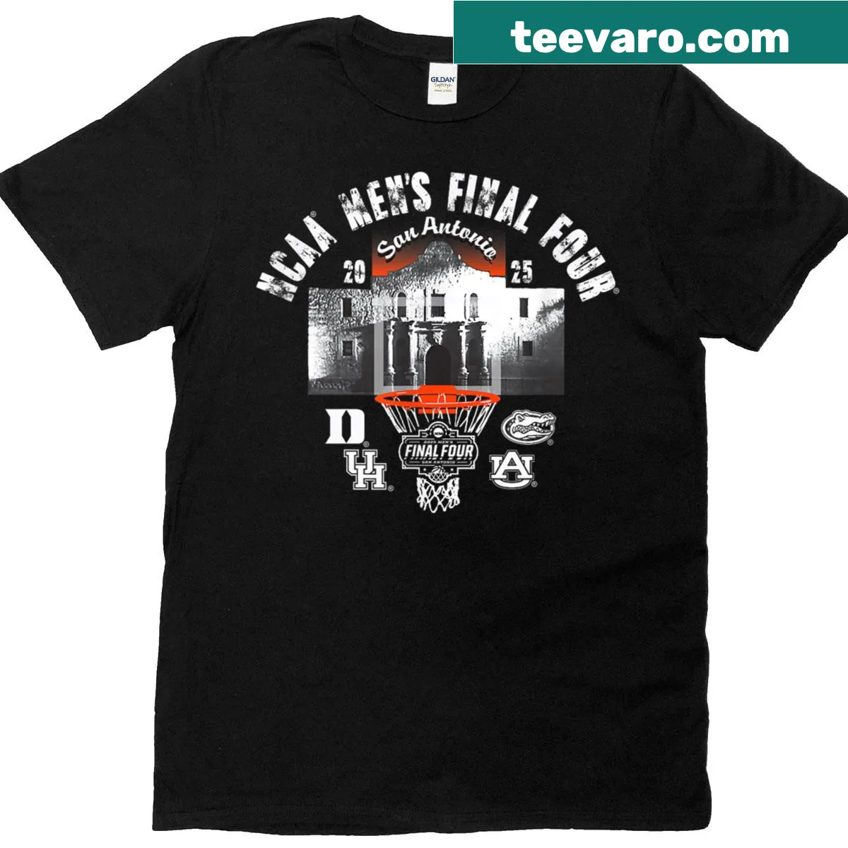 2025 NCAA Final Four basketball t-shirt with team logos and Alamo design. — on a men's t-shirt