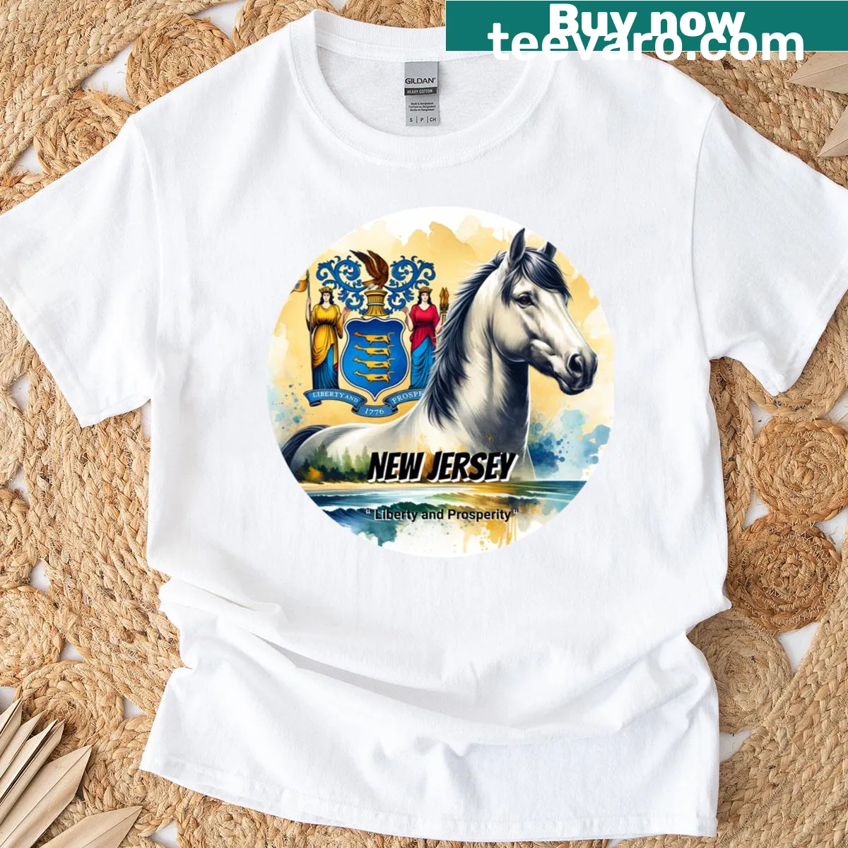 Watercolor art of a horse representing New Jersey on a t-shirt — on a men's t-shirt