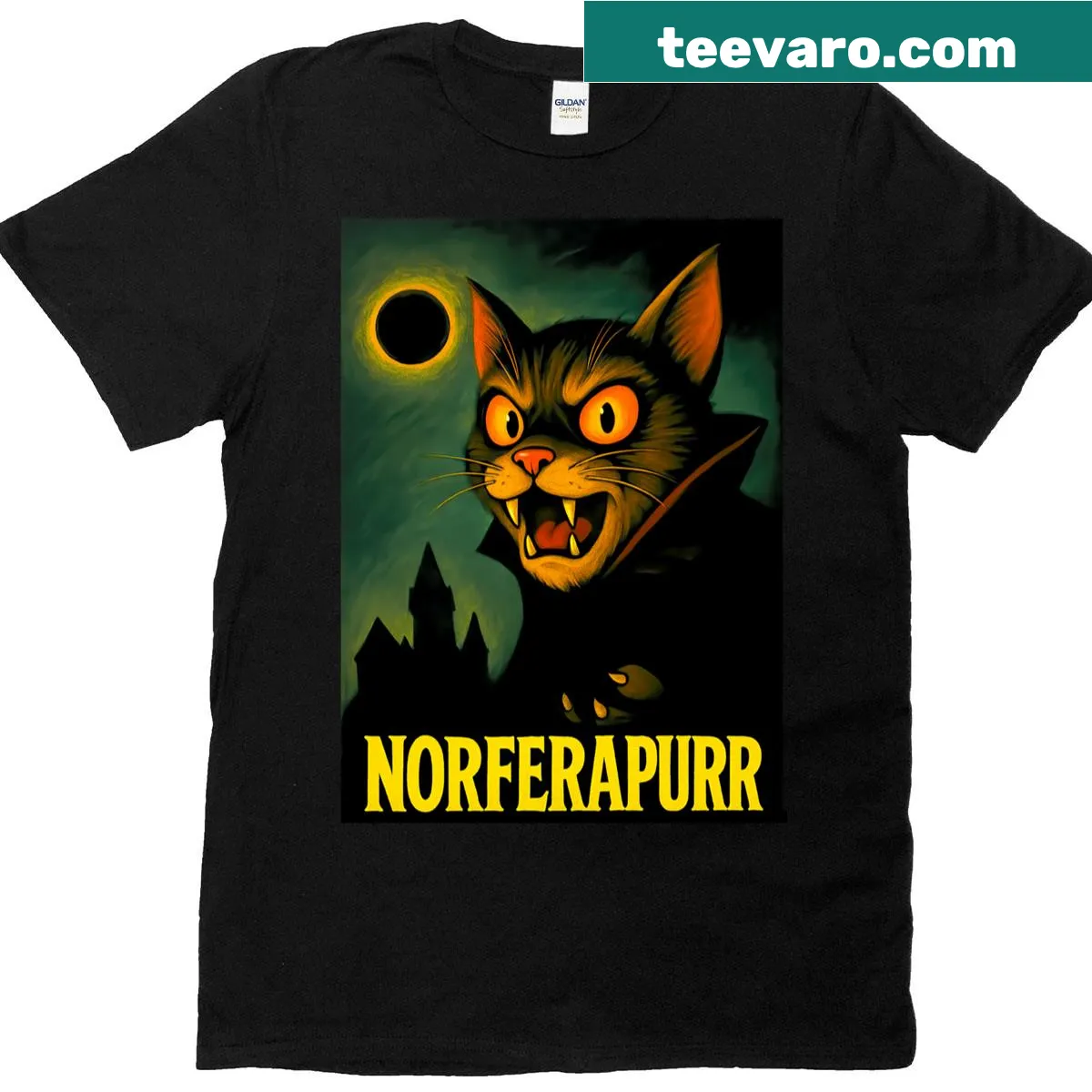 Cartoon cat vampire design titled 'Nosferafurr' on a T-shirt — on a men's t-shirt