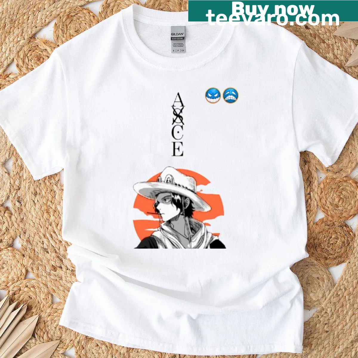 Illustration of Ace from One Piece with flames and hat — on a men's t-shirt