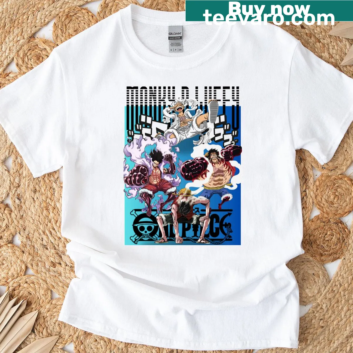 Illustration of One Piece characters in various gears and abilities — on a men's t-shirt