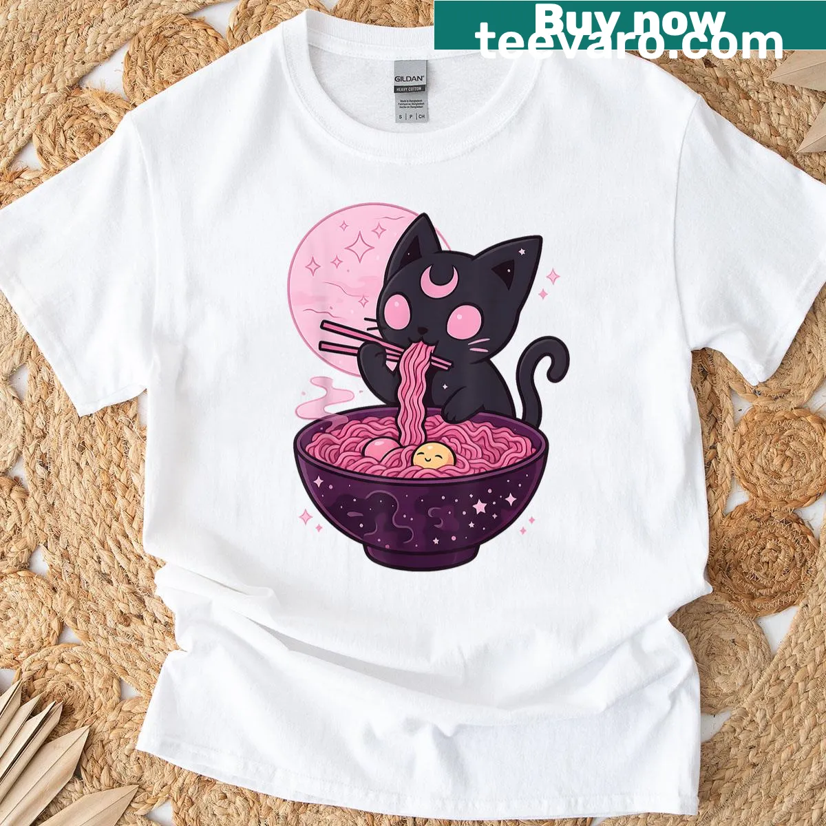 Cartoon cat eating ramen with a pastel goth aesthetic — on a men's t-shirt