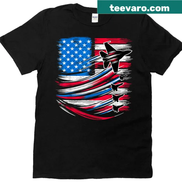 Fighter jets graphic over an American flag on a casual t-shirt.