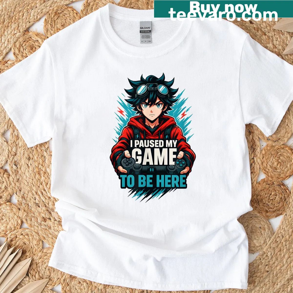 T-shirt with anime-inspired graphic of a game controller and text about pausing a game. — on a men's t-shirt