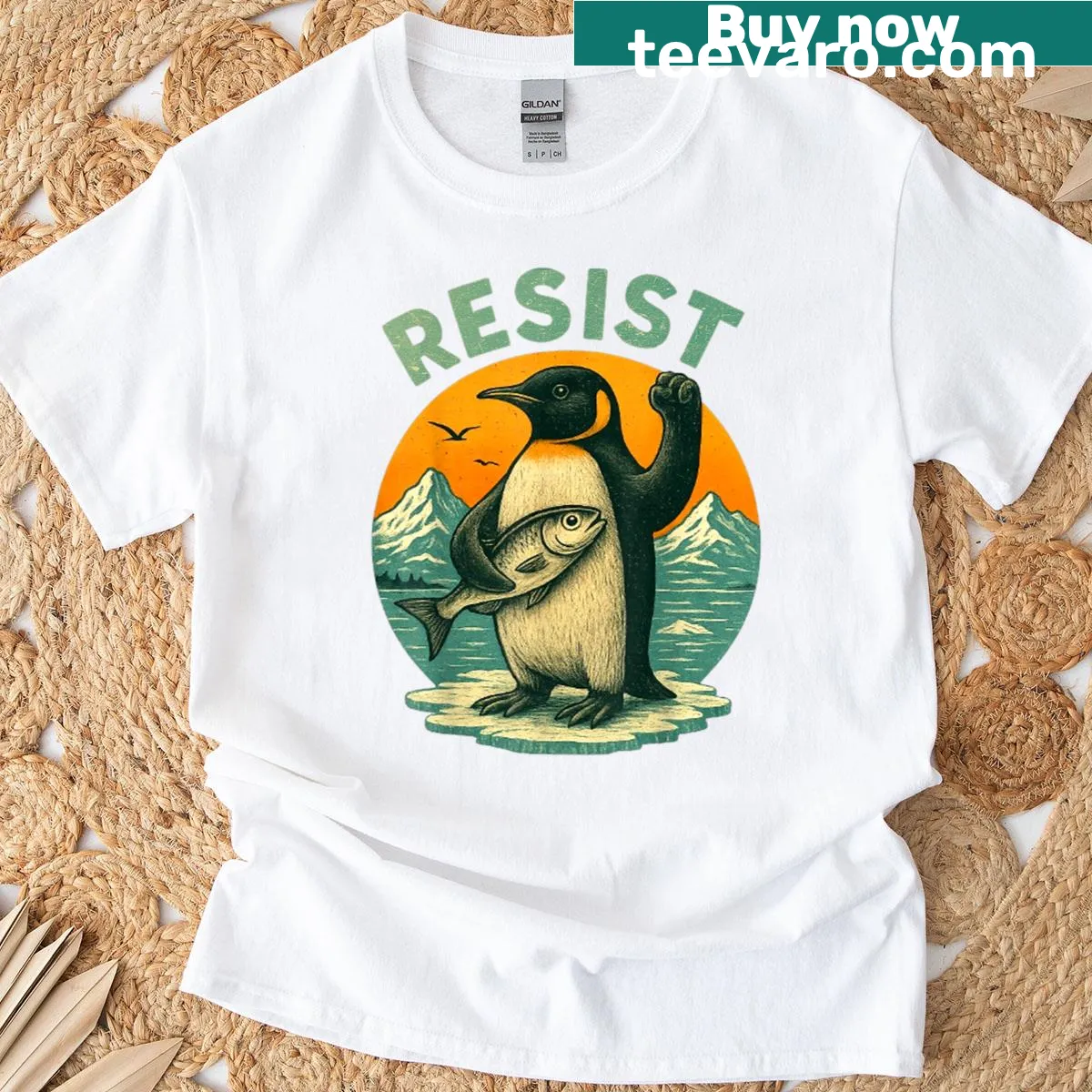 Vintage graphic of penguins in protest on a T-shirt. — on a men's t-shirt