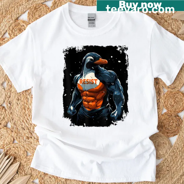 Penguin Resist graphic T-shirt for activism with playful design