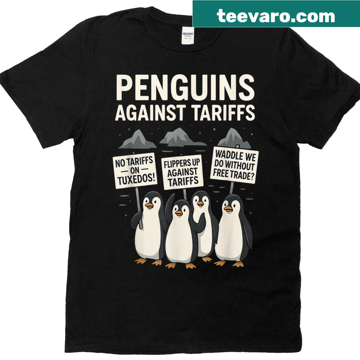 Funny political satire T-shirt with penguin illustration — on a men's t-shirt