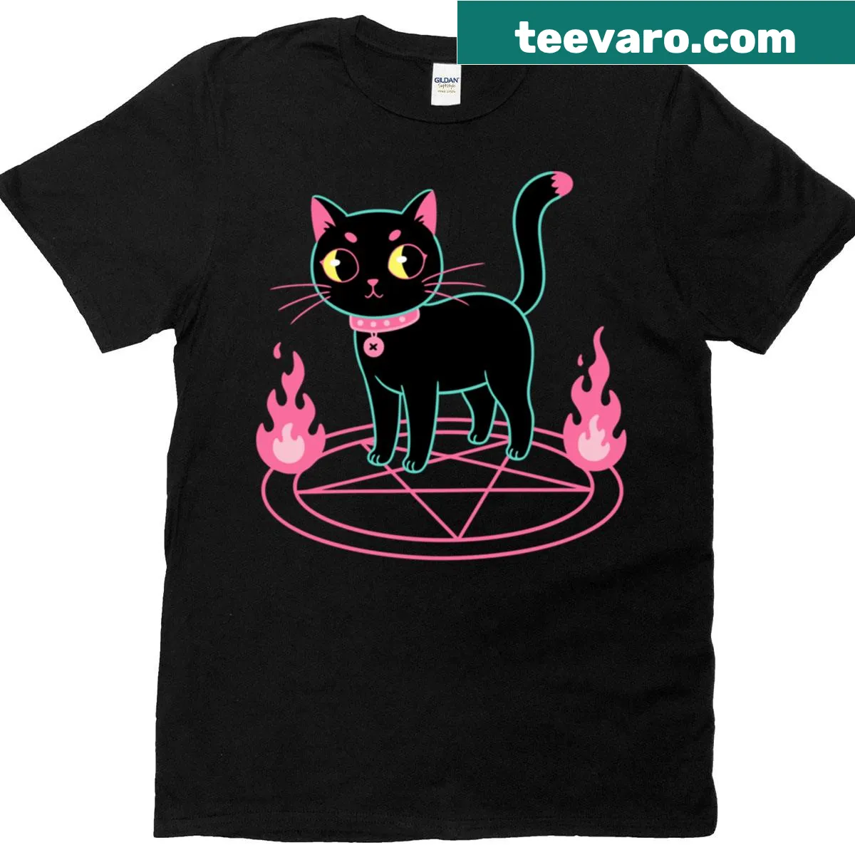 Cute Penta-cat design with occult symbols t-shirt — on a men's t-shirt