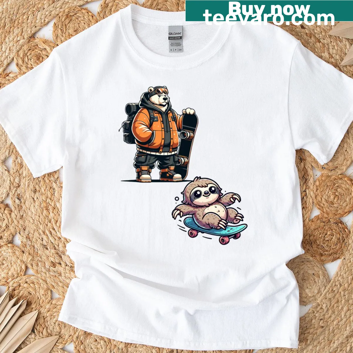 Polar bear and sloth enjoying fun together in an illustration — on a men's t-shirt