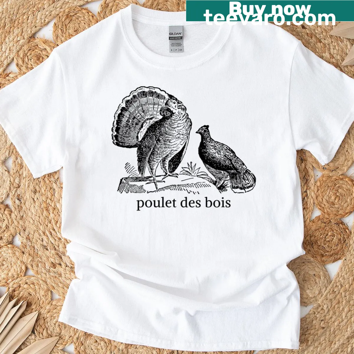 Graphic of a bush chicken with playful design on t-shirt — on a men's t-shirt