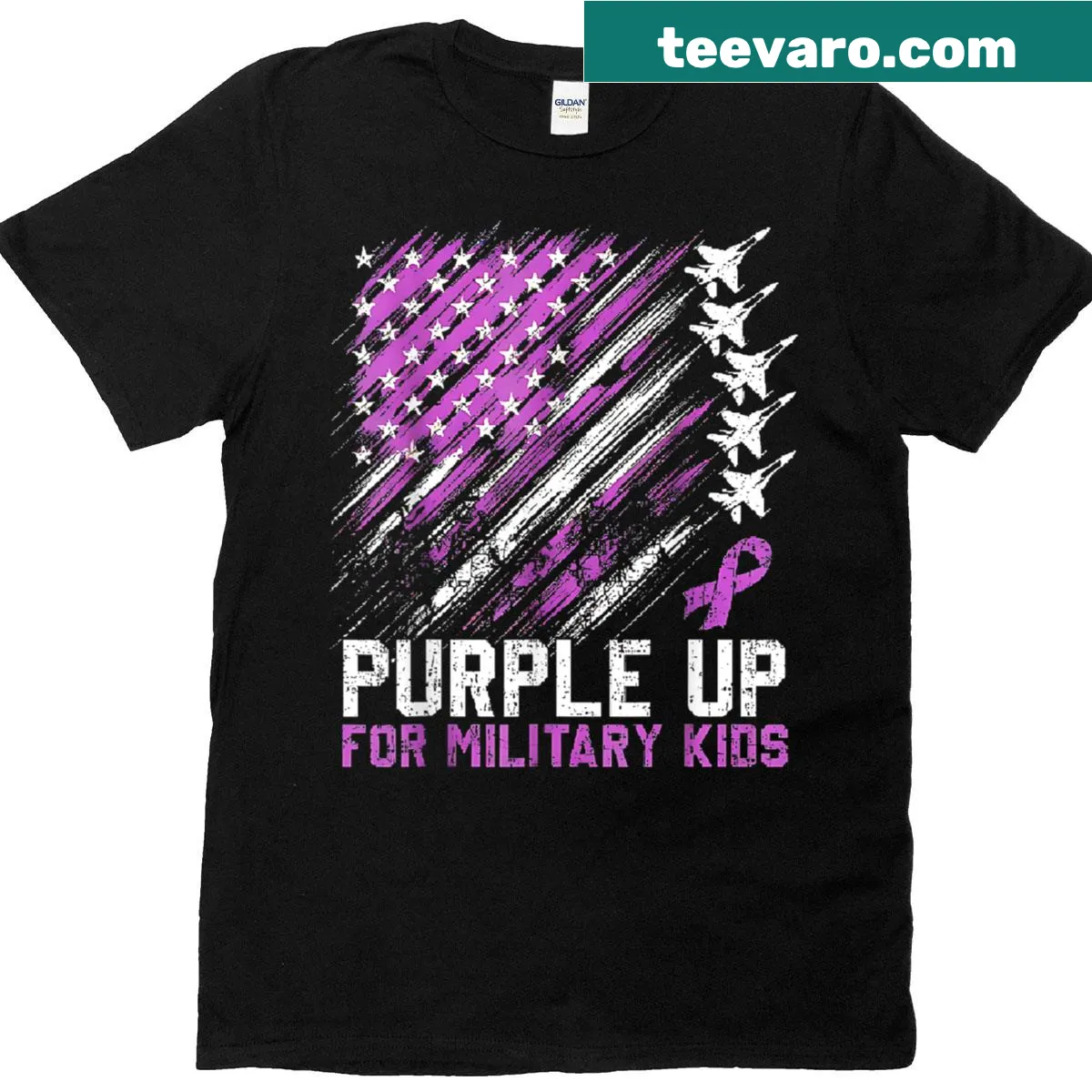 T-shirt featuring Purple Up for Military Kids design with flag imagery — on a men's t-shirt
