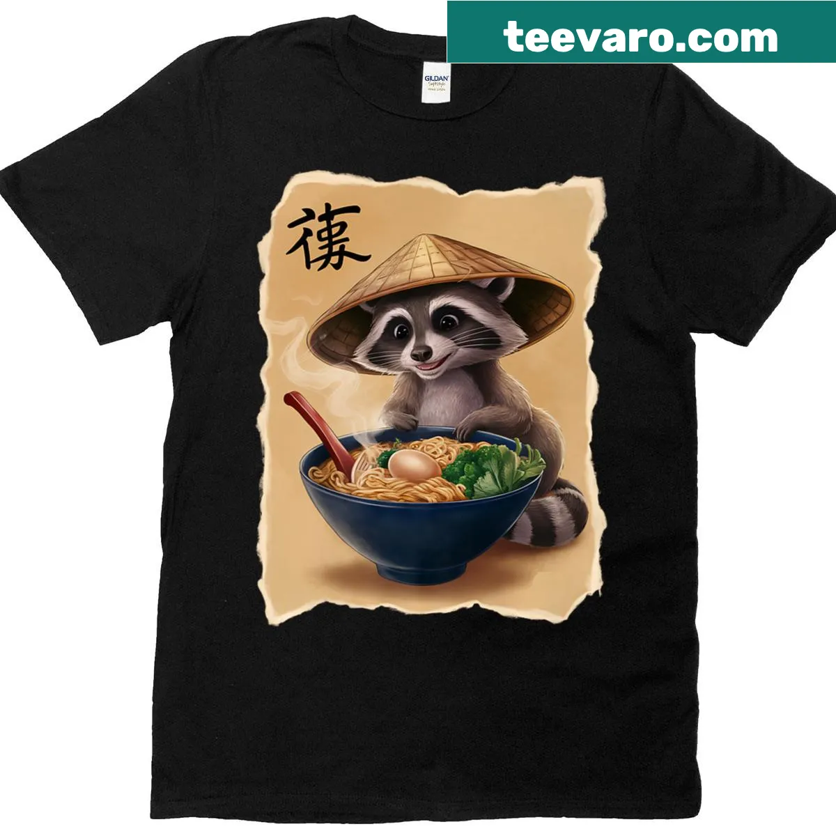 Kawaii raccoon t-shirt featuring a raccoon eating ramen — on a men's t-shirt