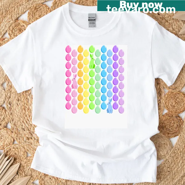 Festive design of rainbow eggs and hidden bunnies on t-shirt
